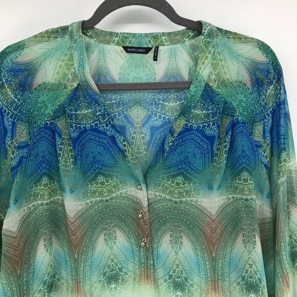 NWT Marciano paisley patterned green blue ombre long sleeve button neck top S - Picture 4 of 16